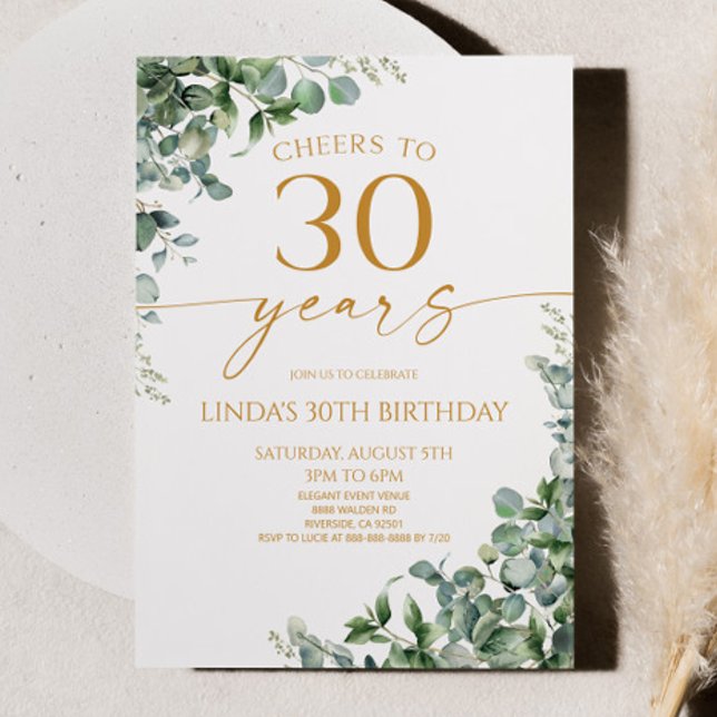 Green Eucalyptus Gold 30th Birthday Party Inbjudningar (Skapare uppladdad)