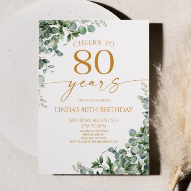 Green Eucalyptus Gold 80th Birthday Party Inbjudningar (Skapare uppladdad)