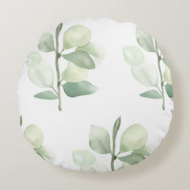 Green Eucalyptus Leaves,  delicate pastel decor Rund Kudde (Framsidan)