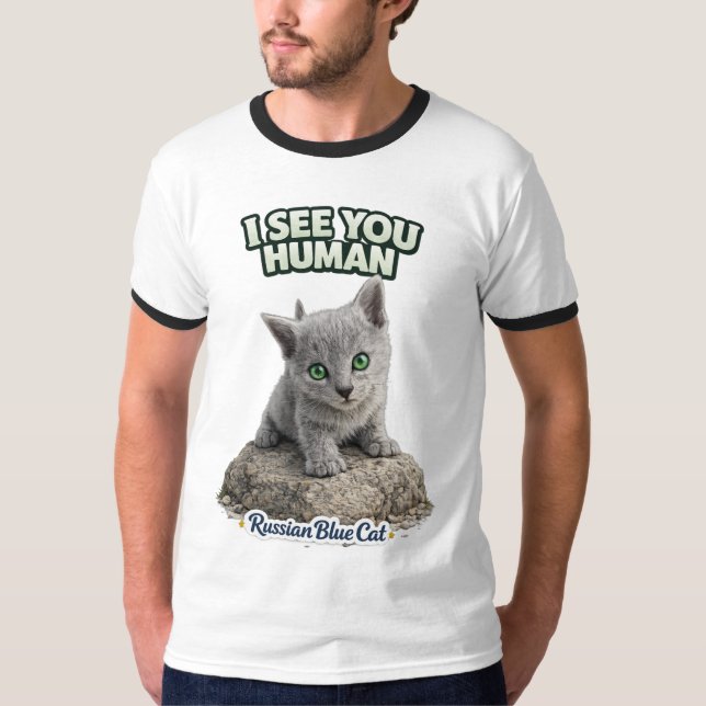 Green Eyes Russian Blue Kitten – I See You Human T Shirt (Framsida)