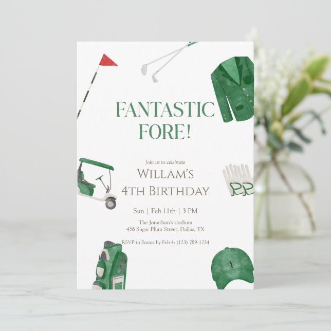 Green Fantastic Fore Preppy Golf Kids Birthday Inbjudningar (Stående Fram)