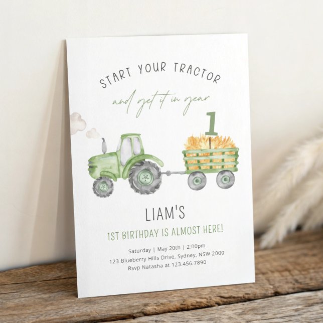 Green Farm Tractor 1st Birthday Party Inbjudningar (Skapare uppladdad)