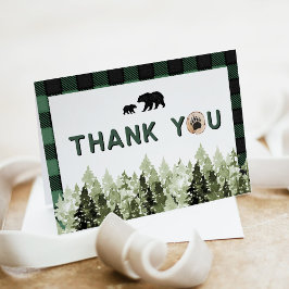 Green Flannel Bear Pine Tree Thank You Card Inbjudan