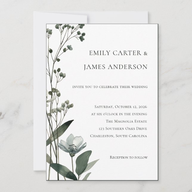 Green Floral Botanical Wedding Inbjudningar (Framsida)