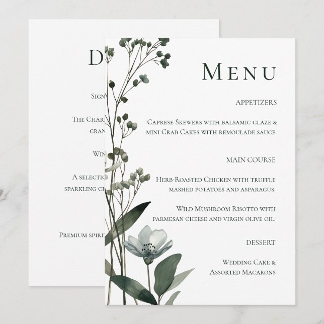 Green Floral Botanical Wedding Meny (Fram/baksida)