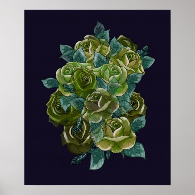 Green floral bouquet, navy blue, exotic roses poster (Framsidan)