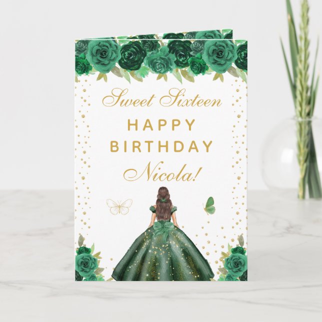 Green Floral Brunette Hair Girl Sweet Sixteen Kort (Framsida)