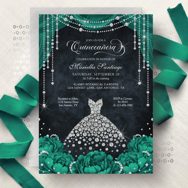Green Floral Diamond Quinceanera Invitation Inbjudningar (Skapare uppladdad)