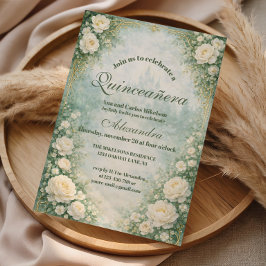 Green Floral Gold Garden Quinceañera Inbjudningar