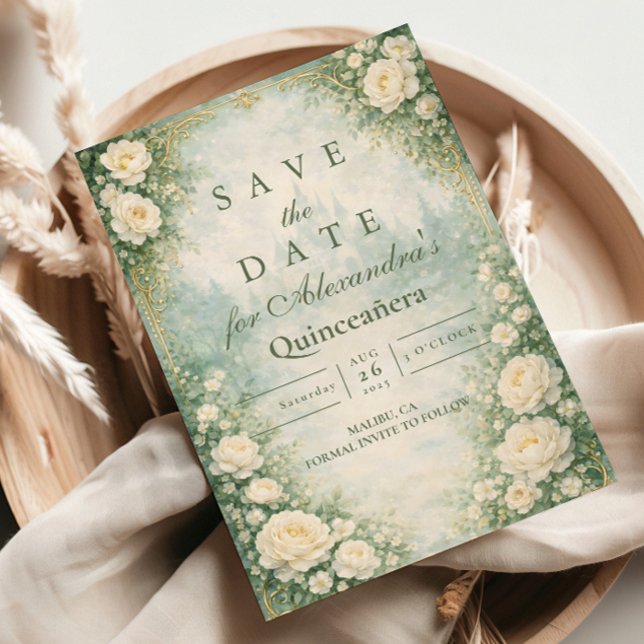 Green Floral Gold Garden Quinceañera Spara Datumet (Skapare uppladdad)