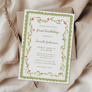 Green Floral Scalloped Frame Birthday Invitation Inbjudningar