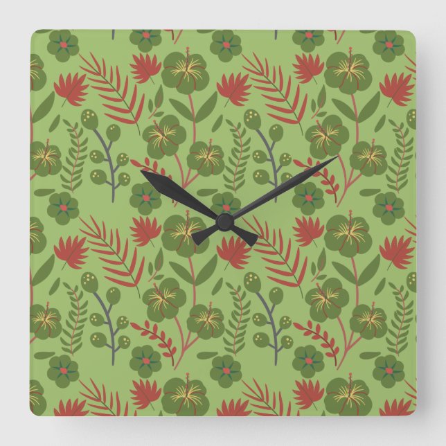 Green floral seamless pattern flower, branch, leaf fyrkantig klocka (Framsida)