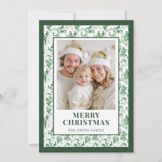 Green Floral Toile Christmas Photo Holiday Card Julkort