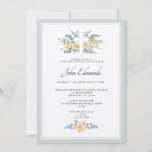 Green Floral Watercolor Baptism Invitation Inbjudningar (Framsida)