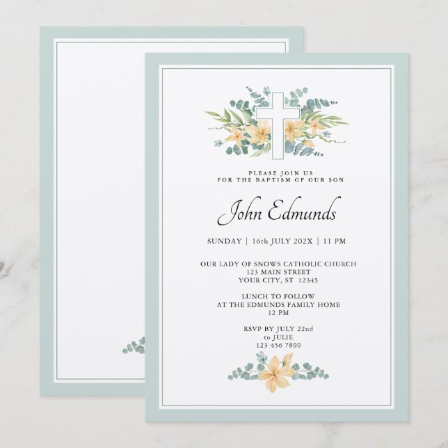 Green Floral Watercolor Baptism Invitation Inbjudningar (Fram/baksida)