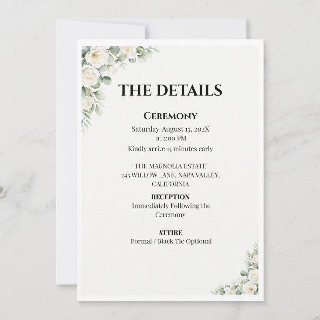 Green Floral Wedding Details Card Inbjudningar (Framsida)