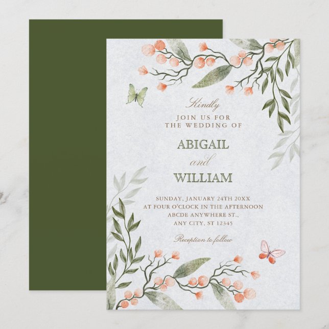 Green floral wedding  inbjudningar (Fram/baksida)