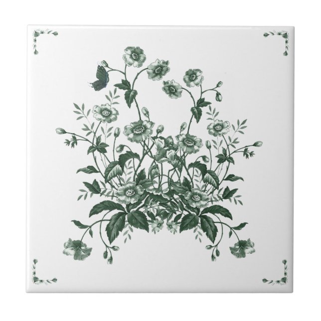 Green Flower Bush Toile Inspired Decorative Tile Kakelplatta (Framsidan)