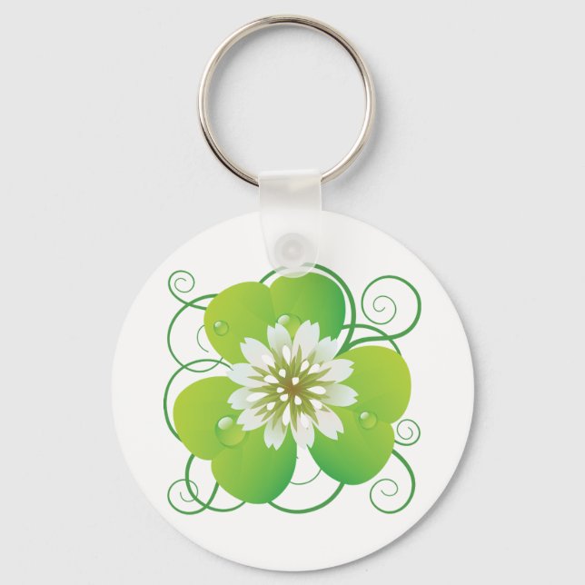 Green Four Leaf Clover with White Floral Bloom Nyckelring (Framsida)
