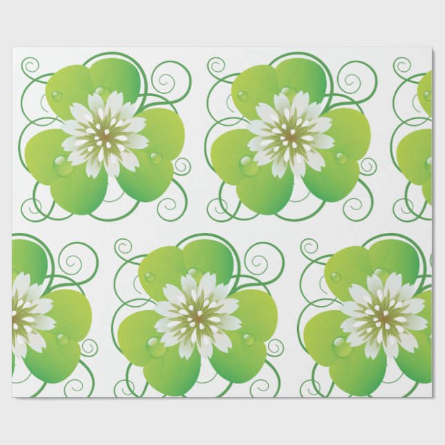 Green Four Leaf Clover with White Floral Bloom Presentpapper (Platt)