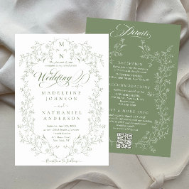 Green French Floral Frame Script Budget Wedding Inbjudningar