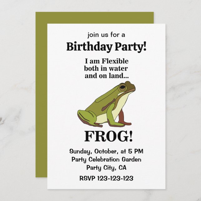 Green Frog Funny Birthday Party Inbjudningar (Fram/baksida)