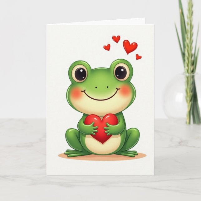 Green Frog Valentines Day Card Kort (Framsida)