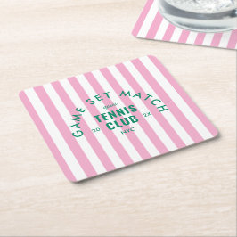 Green Game Set Match Après Tennis Club Pink Stripe Underlägg Papper Kvadrat