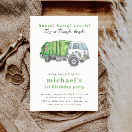 Green Garbage Trash Truck Boy's 1st Birthday Party Inbjudningar