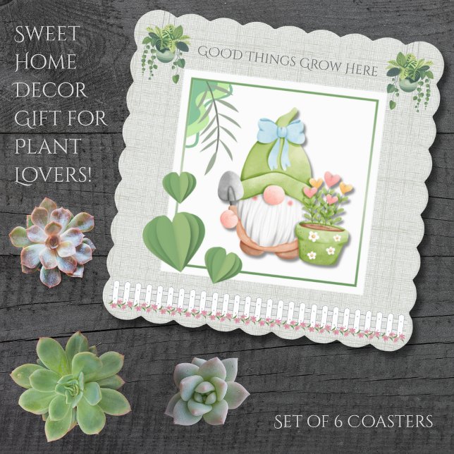 Green Garden Gnome Good Things Grow Here Underlägg Papper (Sweet Green Garden Gnome Home Decor Gift for Plant Lovers! )