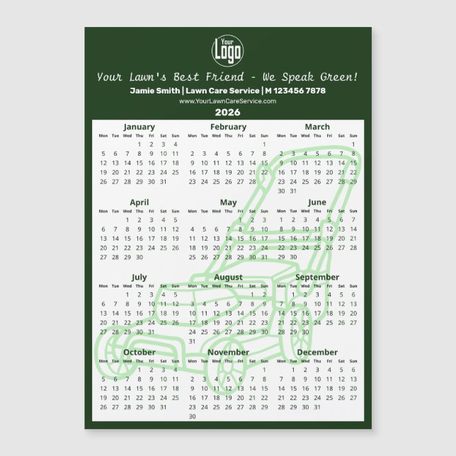 Green Garden Maintenance Magnetic 2026 Calendar (Framsida)