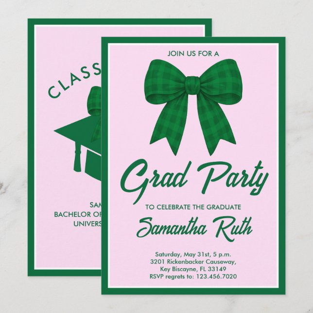 Green Gingham Bow Graduation Party Inbjudningar (Fram/baksida)