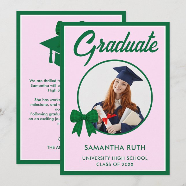 Green Gingham Bow Photo Graduation Announcement Meddelande (Fram/baksida)