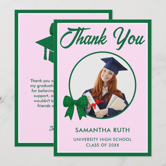 Green Gingham Bow Photo Graduation Tack Kort (Fram/baksida)
