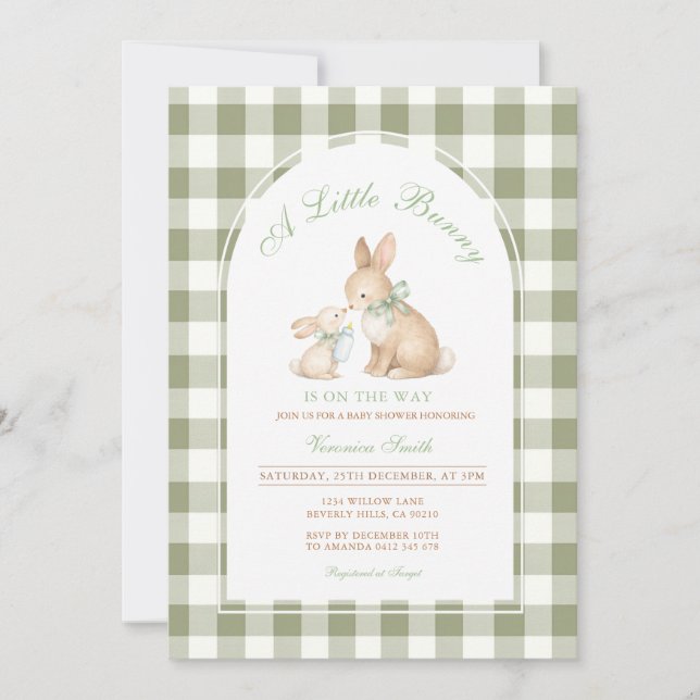 Green Gingham Bunny Spring Easter Baby Shower  Inbjudningar (Framsida)