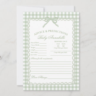 Green Gingham Coquette Bow Advice for Baby Card Inbjudningar