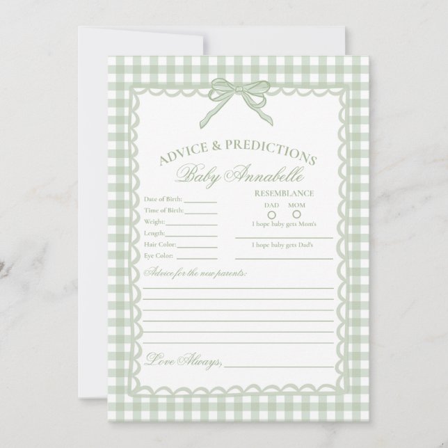 Green Gingham Coquette Bow Advice for Baby Card Inbjudningar (Framsida)