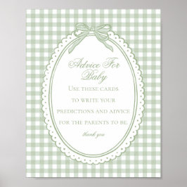 Green Gingham Coquette Bow Advice for Baby Shower Poster
