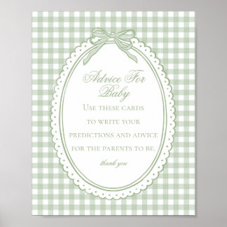 Green Gingham Coquette Bow Advice for Baby Shower Poster