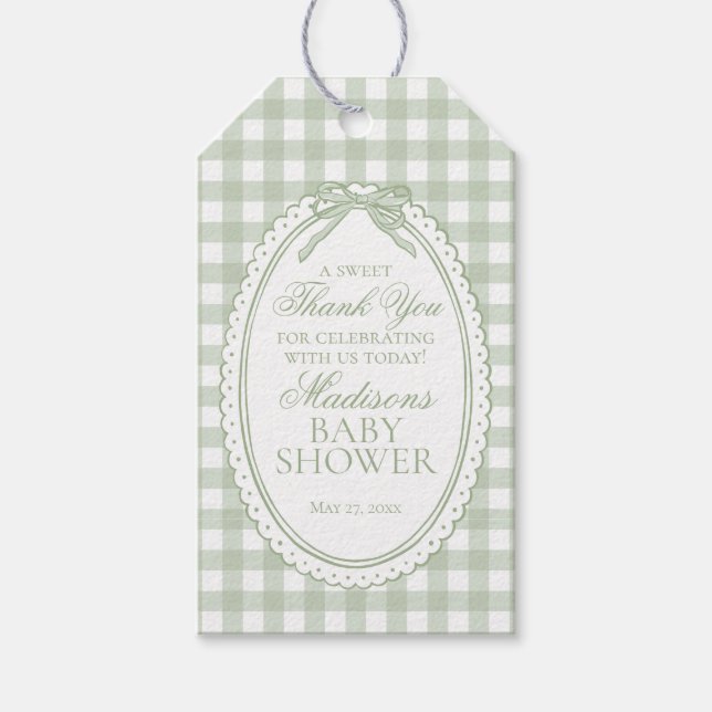 Green Gingham Coquette Bow Baby Shower Favors Presentetikett (Framsidan)