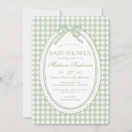Green Gingham Coquette Bow Baby Shower Inbjudningar