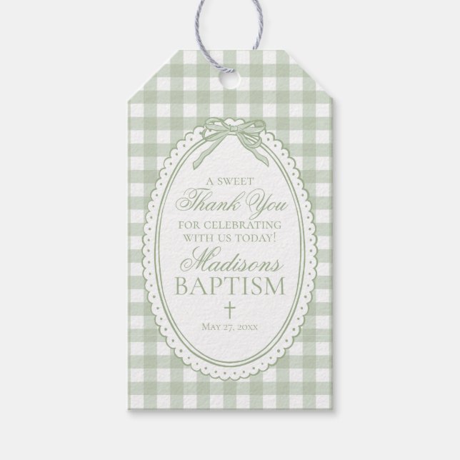 Green Gingham Coquette Bow Baptism Favors Presentetikett (Framsidan)