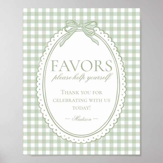 Green Gingham Coquette Bow Favors Sign Poster (Framsidan)