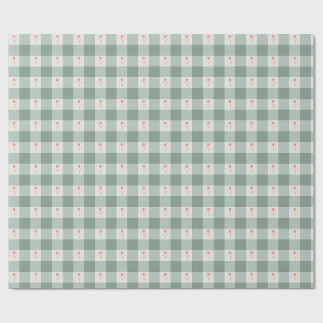 Green Gingham Floral Wrapping Paper Cute Presentpapper (Platt)