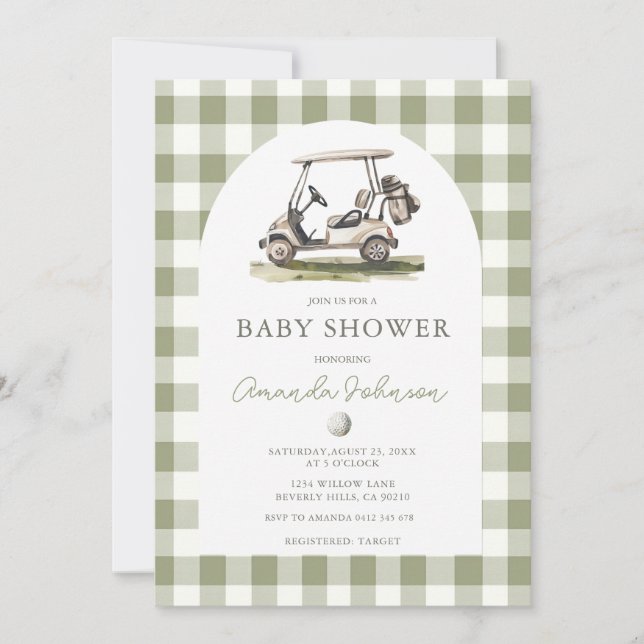 Green Gingham Golf Boy Baby Shower Invitation Inbjudningar (Framsida)