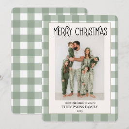 Green Gingham Holiday Family Photo Card Julkort
