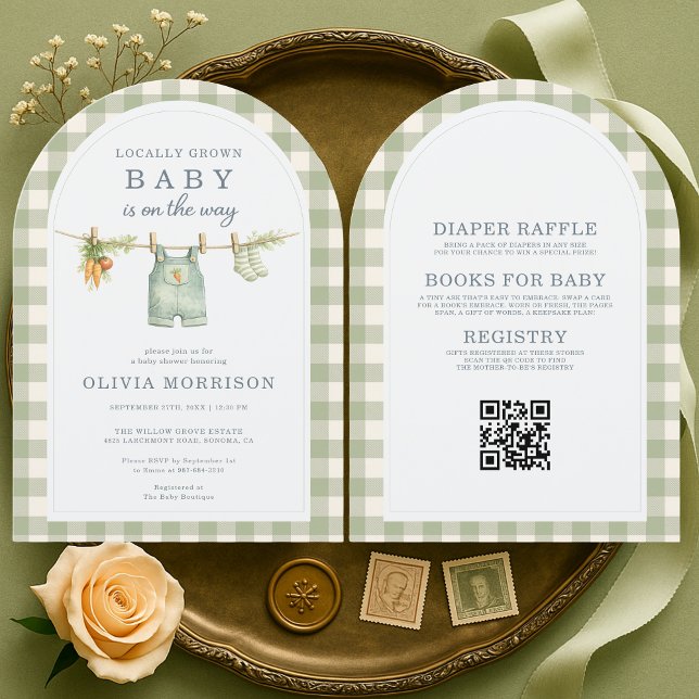 Green Gingham Locally Grown QR Code Baby Shower Inbjudningar (Skapare uppladdad)