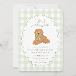 Green Gingham One Golden Year First Birthday Puppy Inbjudningar