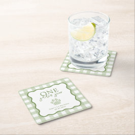 Green Gingham One Golden Year First Birthday Underlägg Papper Kvadrat