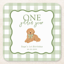 Green Gingham One Golden Year First Birthday Underlägg Papper Kvadrat